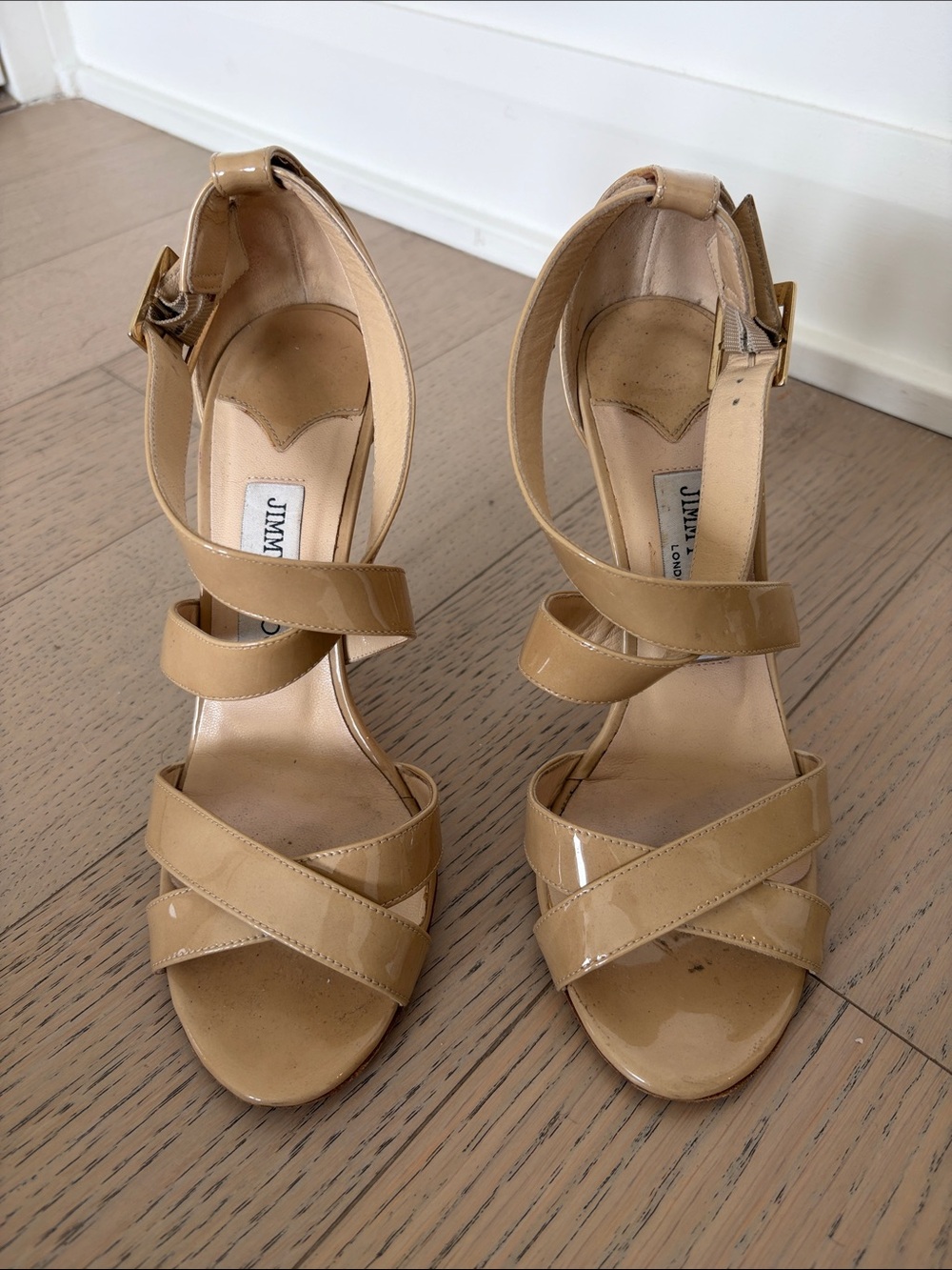 Jimmy Choo Beige Patent Leather Strappy Heels